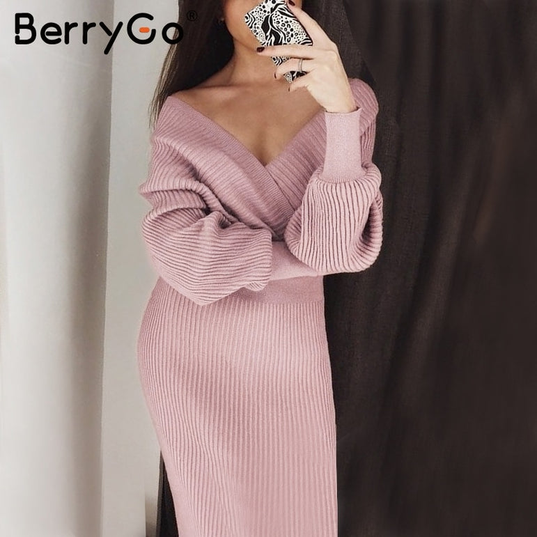 Sexy v-neck knitted dress women Elegant