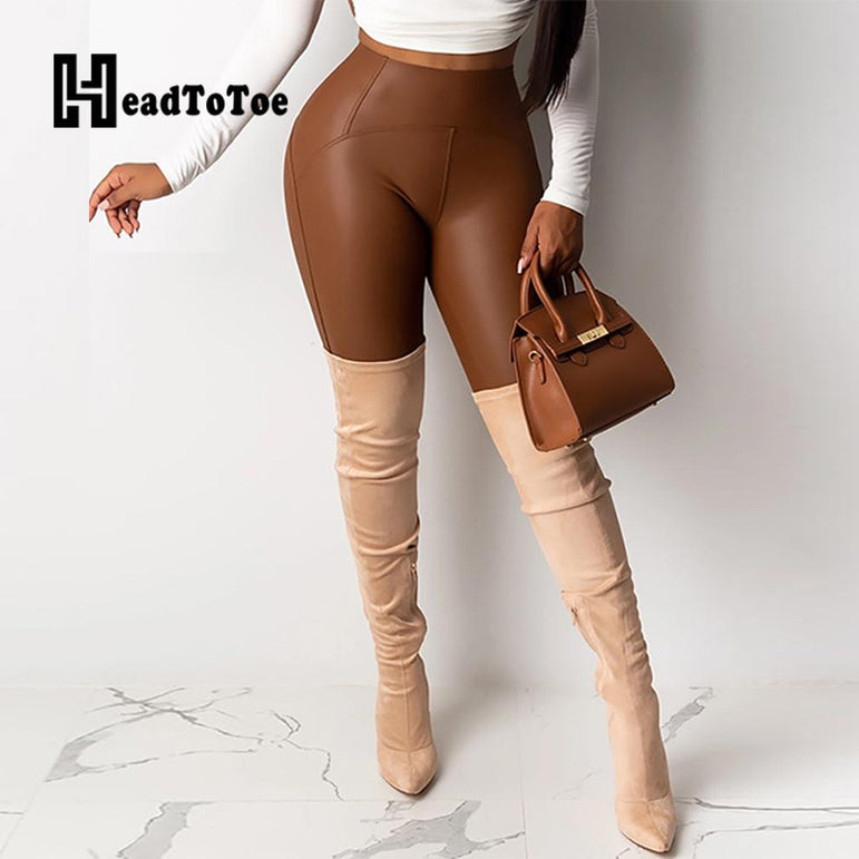 Leather Solid High Waist Pants