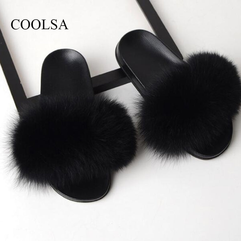 Summer Ladies Colorful Fox Fur Fluffy Slippers