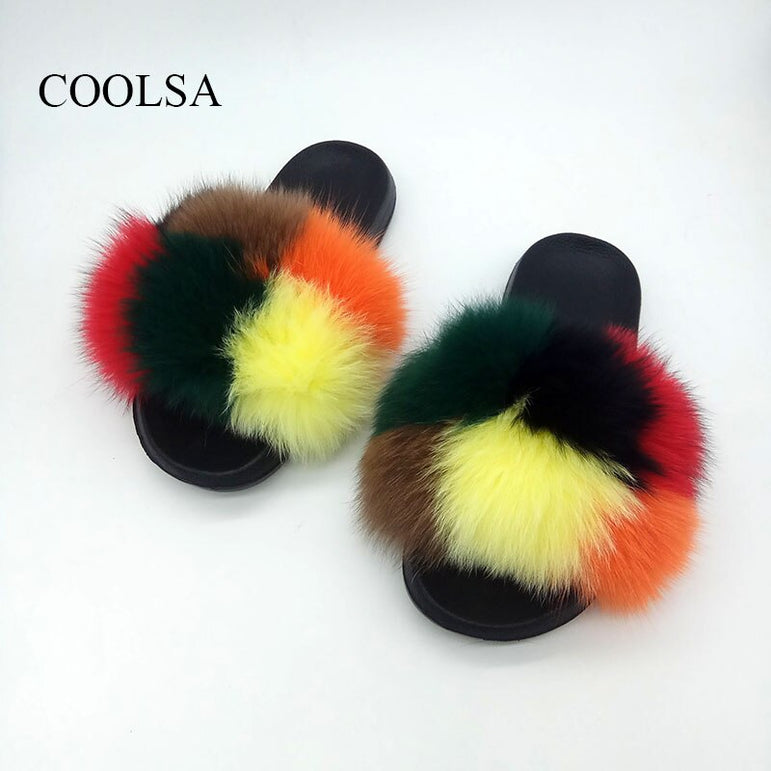 Summer Ladies Colorful Fox Fur Fluffy Slippers