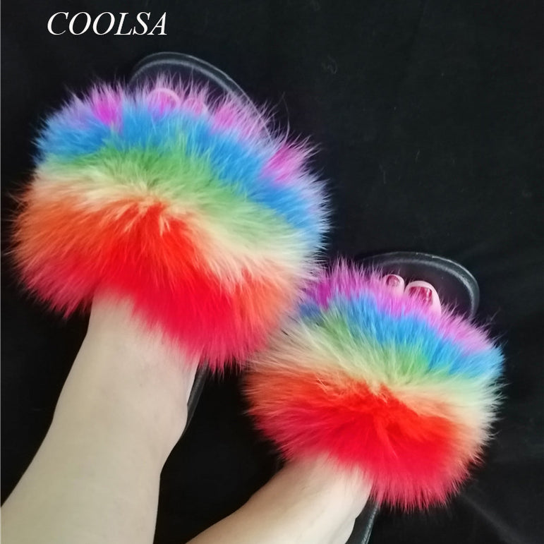 Summer Ladies Colorful Fox Fur Fluffy Slippers