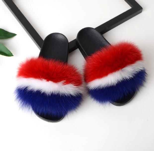 Summer Ladies Colorful Fox Fur Fluffy Slippers