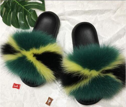 Summer Ladies Colorful Fox Fur Fluffy Slippers