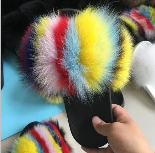 Summer Ladies Colorful Fox Fur Fluffy Slippers