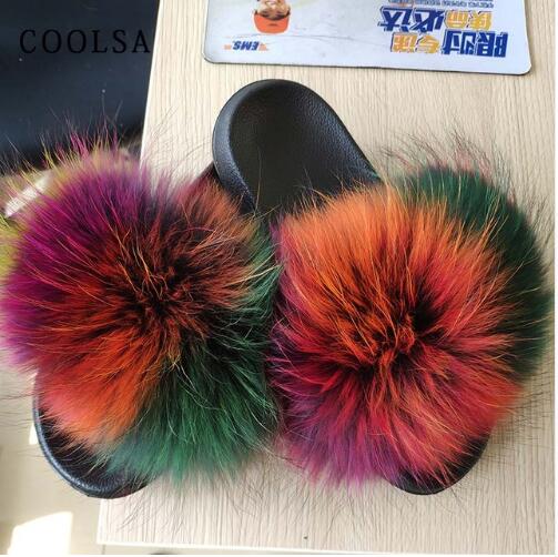 Summer Ladies Colorful Fox Fur Fluffy Slippers