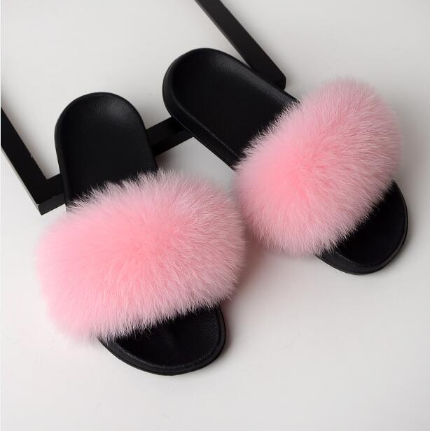 Summer Ladies Colorful Fox Fur Fluffy Slippers