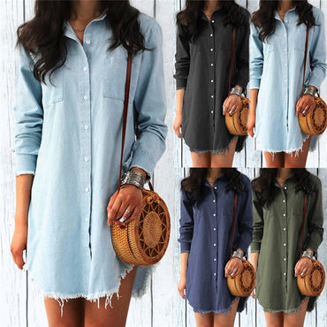 Cute Lady Long Sleeve Denim Shirt Dress