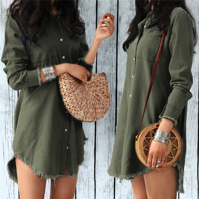 Cute Lady Long Sleeve Denim Shirt Dress