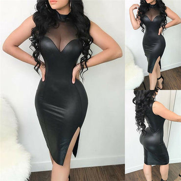 PU Leather Midi Dress Ladies Mesh Sheer