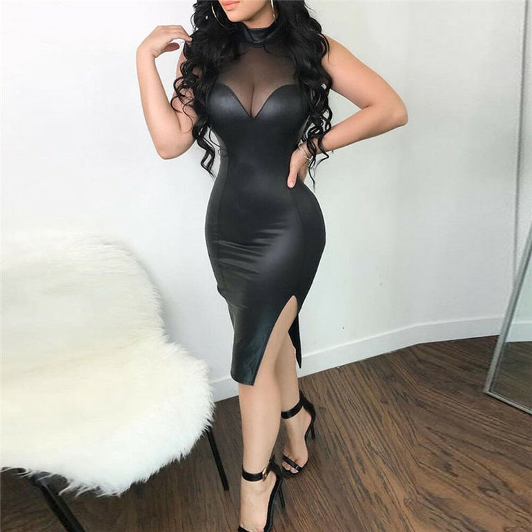 PU Leather Midi Dress Ladies Mesh Sheer