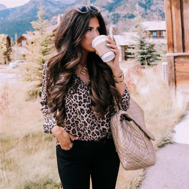 Fashion Women Long Sleeve Leopard Blouse