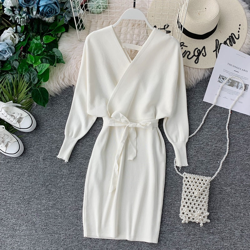 Elegant Sleeve V Neck Knitted White Dress