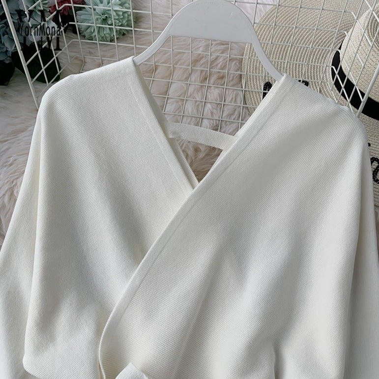 Elegant Sleeve V Neck Knitted White Dress