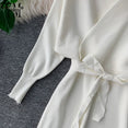 Elegant Sleeve V Neck Knitted White Dress