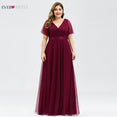 Maxi Plus Size Elegant Short Sleeve Burgundy Dress