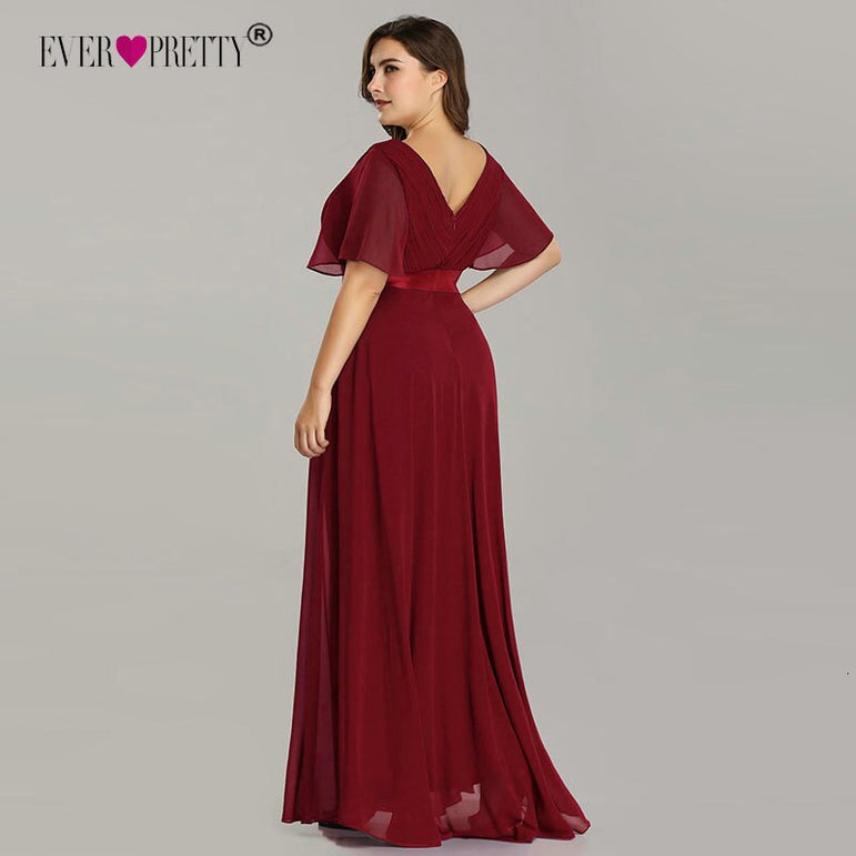 Maxi Plus Size Elegant Short Sleeve Burgundy Dress