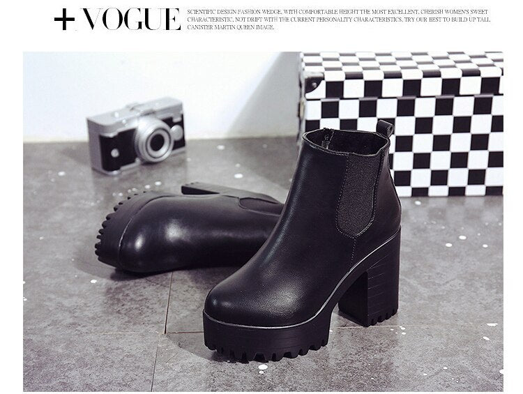 Female Leather Women Thick Heels Ankle Boots