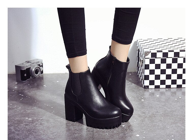 Female Leather Women Thick Heels Ankle Boots