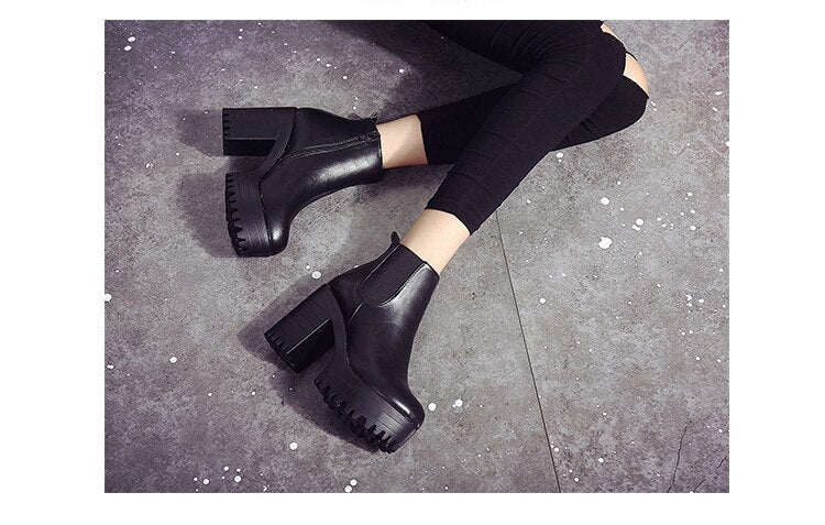 Female Leather Women Thick Heels Ankle Boots