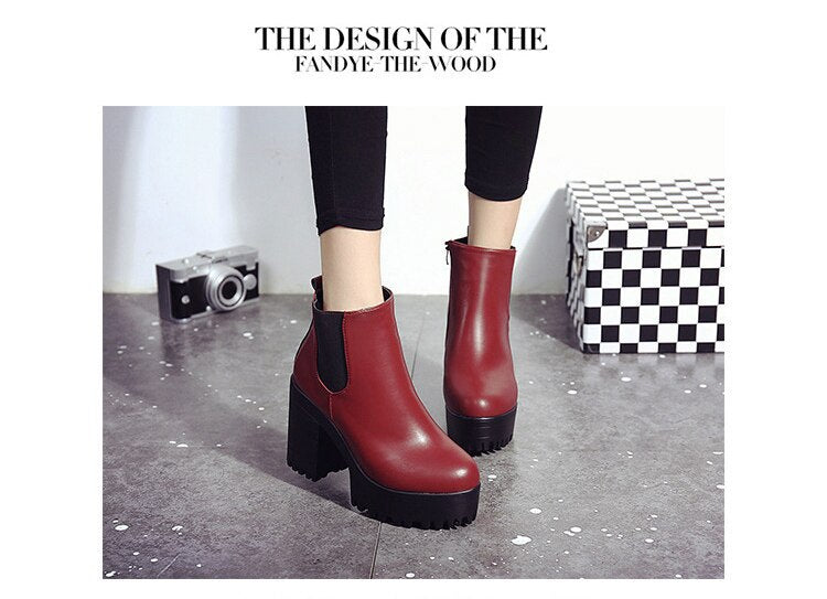 Female Leather Women Thick Heels Ankle Boots