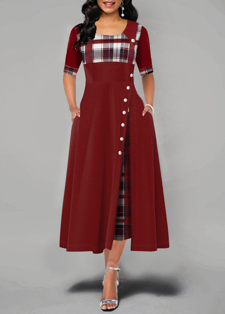 Plaid Print Button Maxi Dress