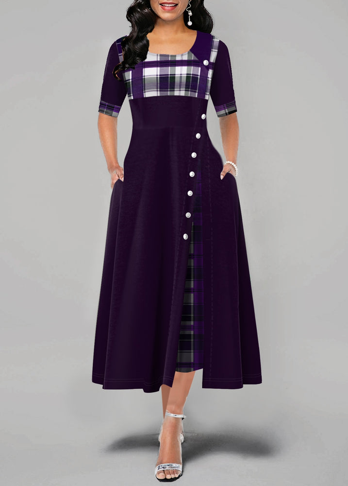 Plaid Print Button Maxi Dress