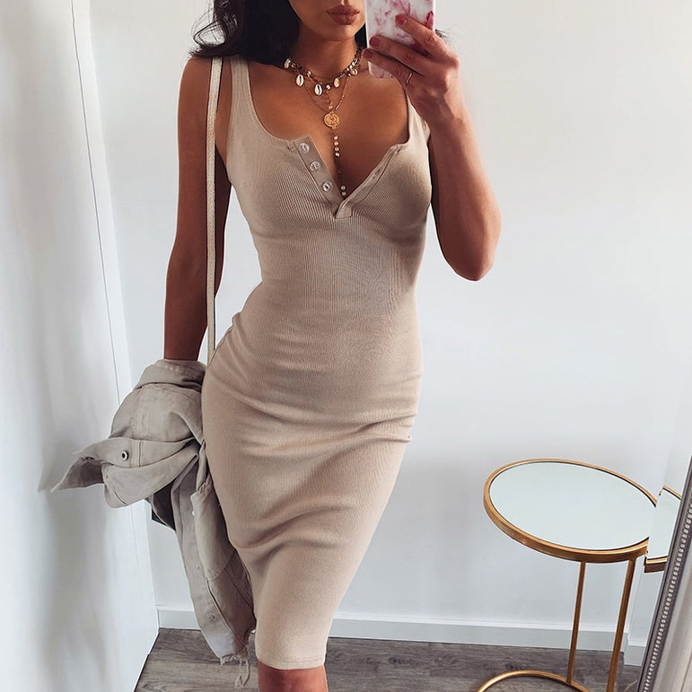 Knee-Length Dress Knitted Elastic Sleeveless