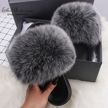 Fluffy Real FOX Fur Slides