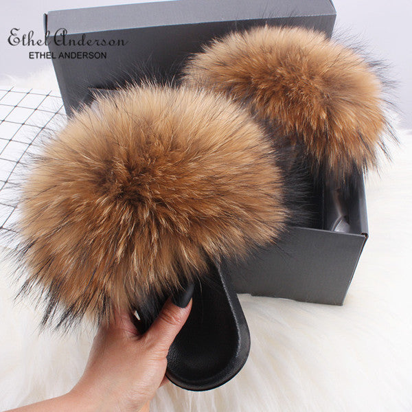 Fluffy Real FOX Fur Slides