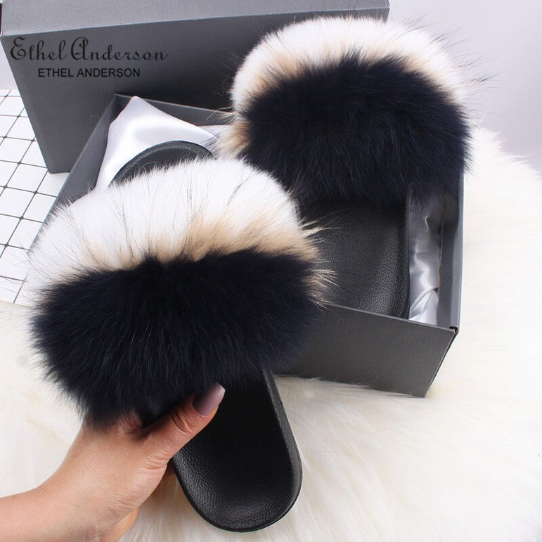 Fluffy Real FOX Fur Slides