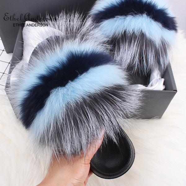 Fluffy Real FOX Fur Slides