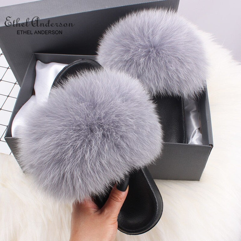 Fluffy Real FOX Fur Slides