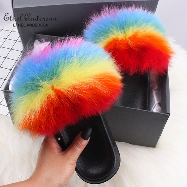 Fluffy Real FOX Fur Slides