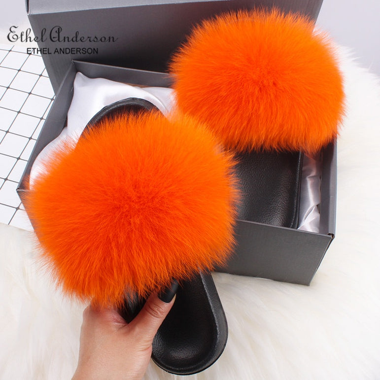 Fluffy Real FOX Fur Slides