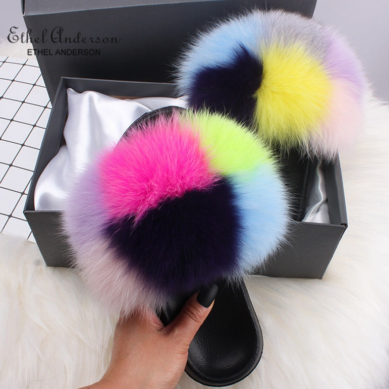 Fluffy Real FOX Fur Slides