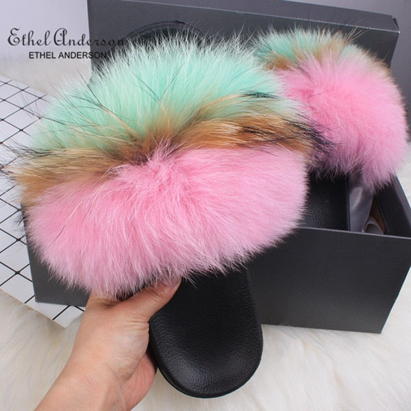 Fluffy Real FOX Fur Slides