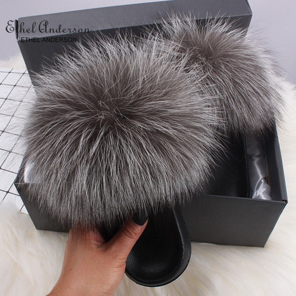 Fluffy Real FOX Fur Slides