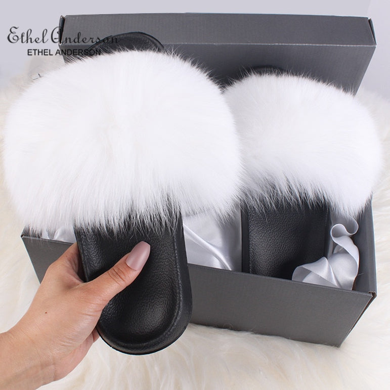 Fluffy Real FOX Fur Slides