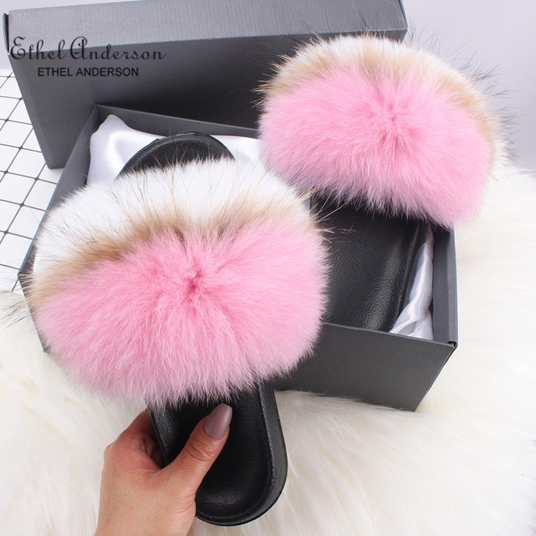 Fluffy Real FOX Fur Slides