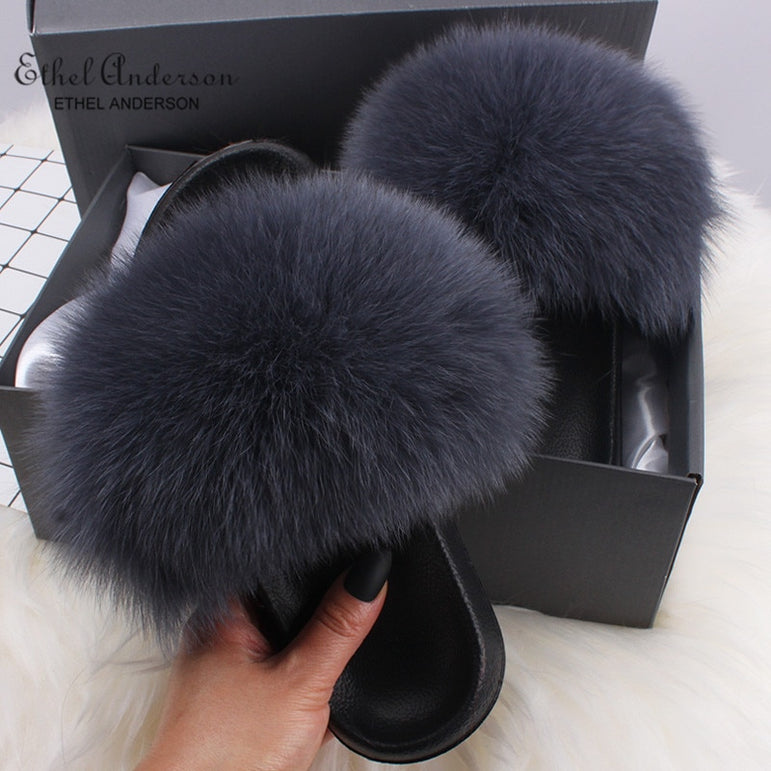 Fluffy Real FOX Fur Slides