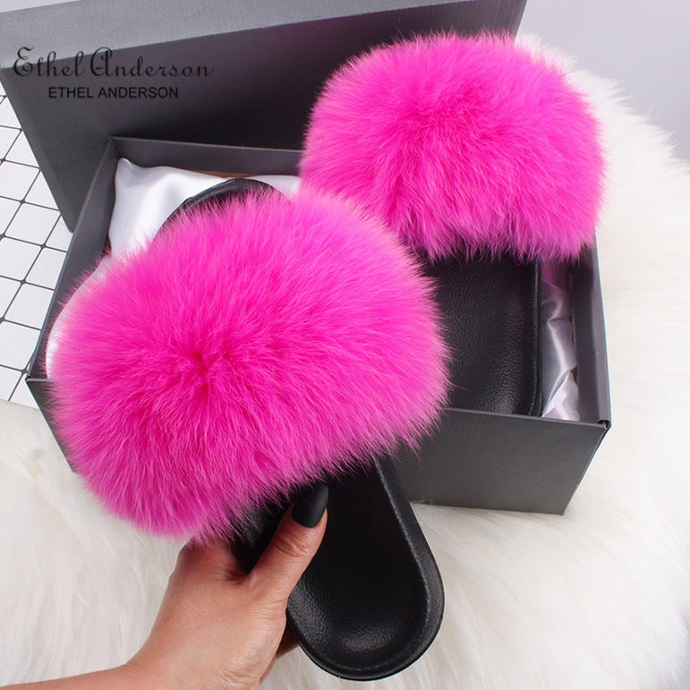 Fluffy Real FOX Fur Slides