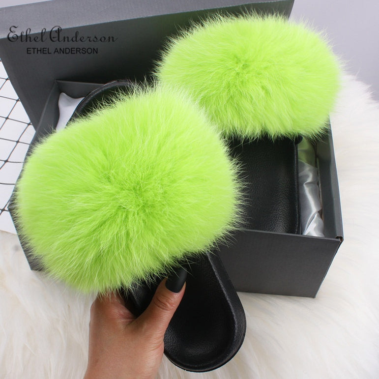 Fluffy Real FOX Fur Slides