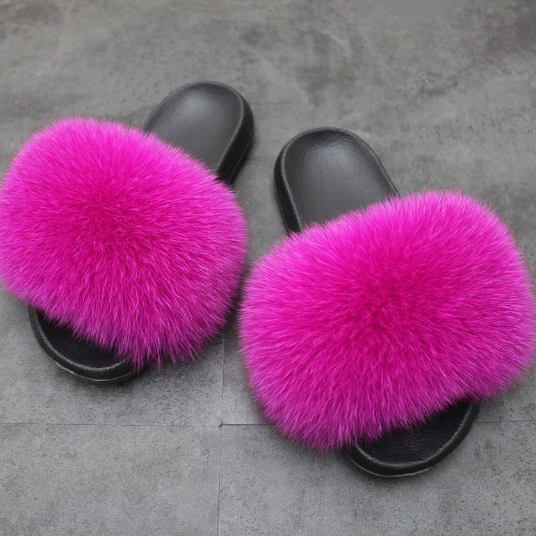 Women Fur Slippers Warm Fox Fur Slippers