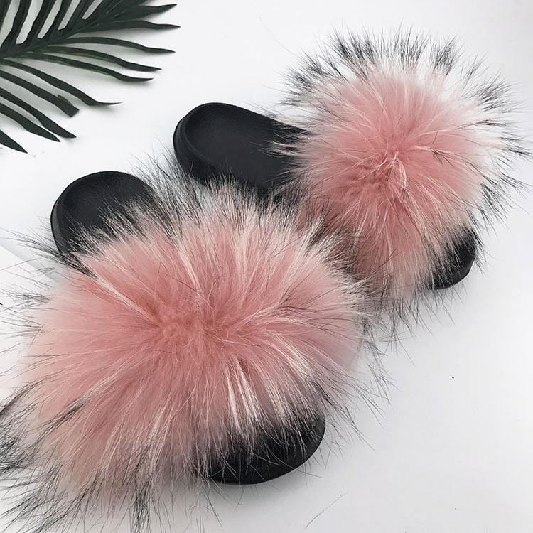 Women Fur Slippers Warm Fox Fur Slippers