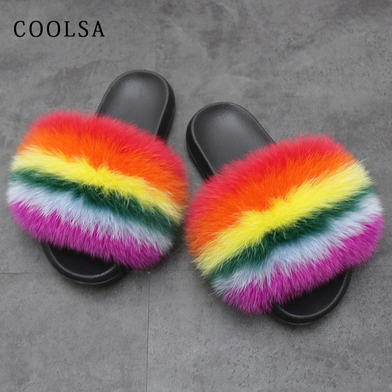 Women Fur Slippers Warm Fox Fur Slippers