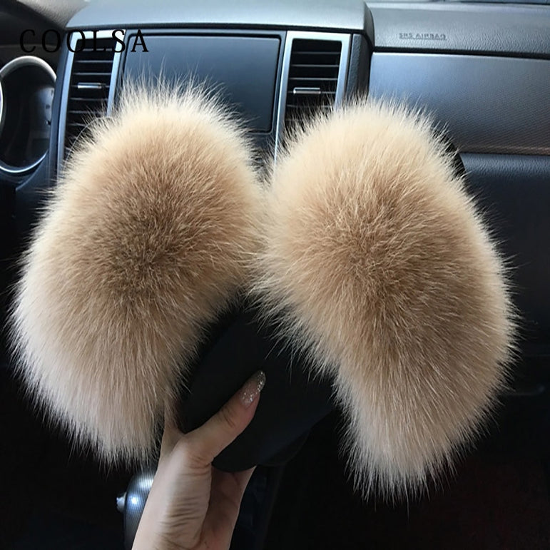 Women Fur Slippers Warm Fox Fur Slippers