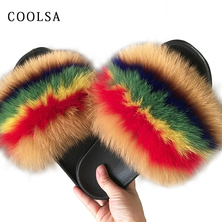 Women Fur Slippers Warm Fox Fur Slippers