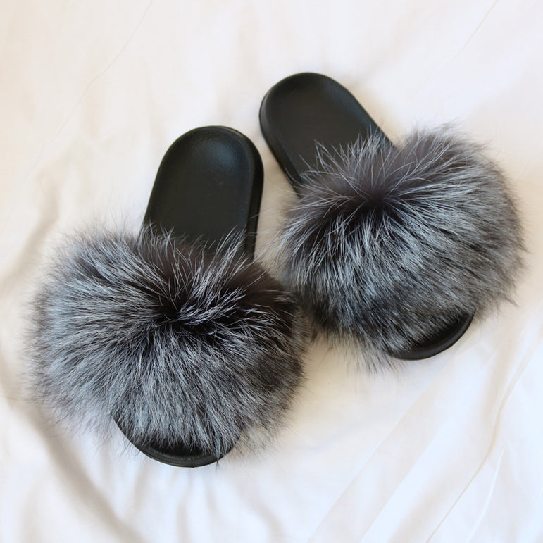 Women Fur Slippers Warm Fox Fur Slippers