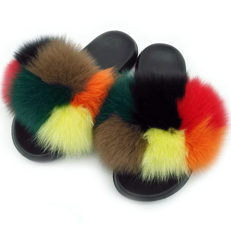 Real Fox Fur Slides Women Non-slip Slippers