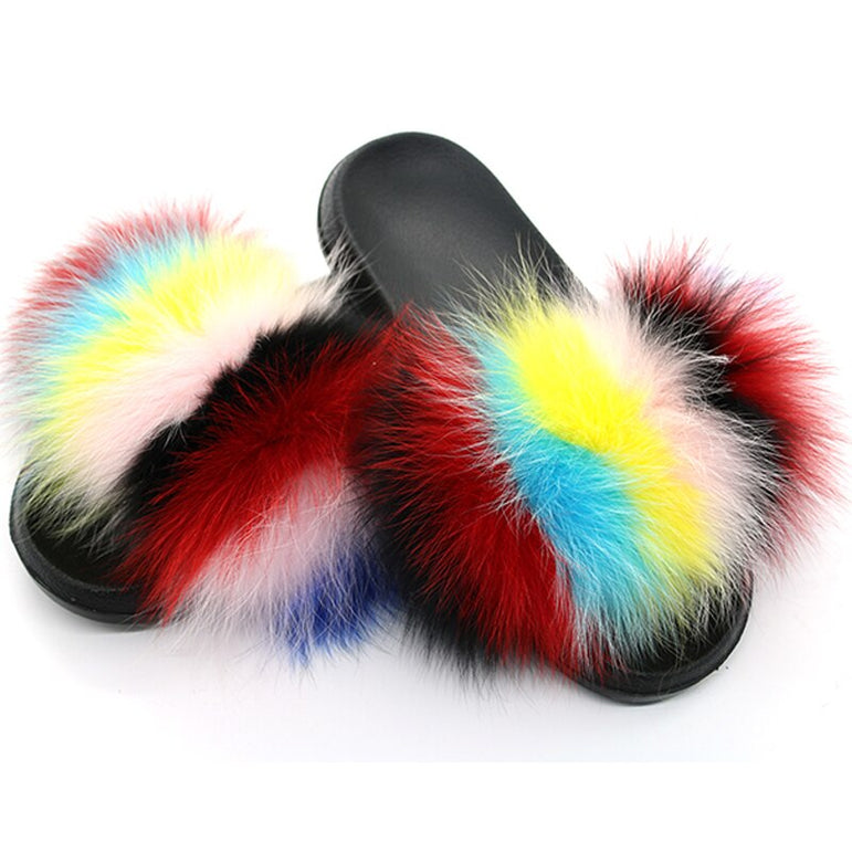 Real Fox Fur Slides Women Non-slip Slippers